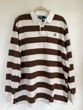 Ralph Lauren Guns & Crown Rugby Polo Shirt, Brown Striped, Long Sleeve , XL